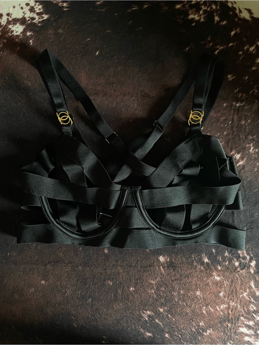 Victoria's Secret Black Strappy Cage Bra with Gold Rings